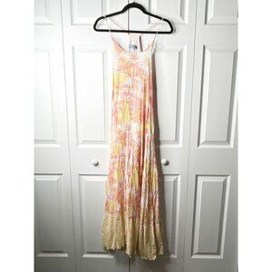 Paradised Aida White Pink Tropical Eyelet Hem Maxi Dress Women's Size Small S